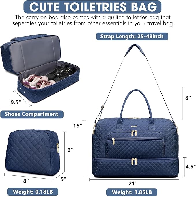 Travel Duffle Bag Weekender for Women - 38L Carry-On Overnight Bag Personal Item Bag with Shoe Compartment & Wet Pocket Weekend Tote Bags with Toiletry Bag Hospital Bags for Labor and Delivery Navy