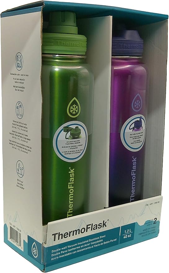ThermoFlask 40 oz Bottle with Spout and Straw Lid - Stainless Steel, Double-Wall Insulation & BPA-Free - Leakproof, Resuable - Forest Green/Purple Sunset (2 Pack)