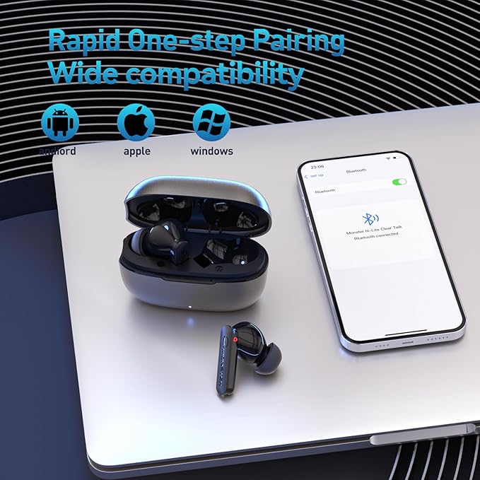 Monster N-Lite Clear Talk Wireless Earbuds, IPX8 Waterproof Earphones, Bluetooth 5.3 Headphones with CVC 8.0 Noise Reduction, Fast Charging for Sport