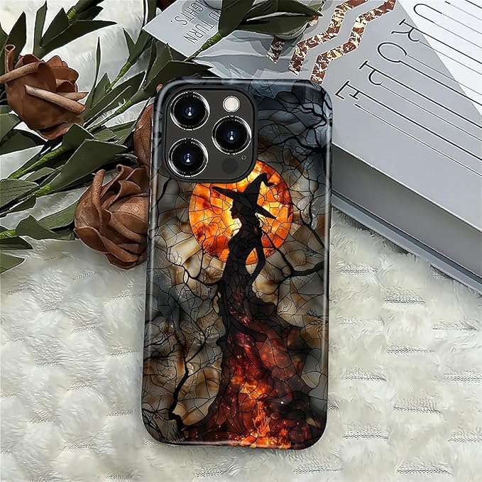 Case for iPhone 16 Pro Case,Halloween Witch Moon Stained Glass Design Hybrid Dual Protection Silicone + Hard PC Shockproof Full Body Cover Slim Anti-Scratch Protective Case for Men Women