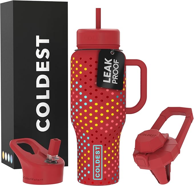 Coldest Tumbler with Handle and Straw - 100% Leak Proof Insulated Tumbler with Lid and Straw (3 Lids) - Stainless Steel Tumblers for Women & Men - Cup Holder Friendly Base, 36 oz (Ember Glowie)