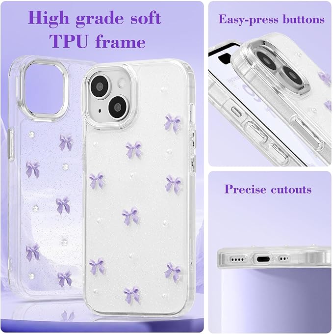 EYZUTAK Case for iPhone 15 Plus, Bling Glitter 3D Bowknot Phone Case Cute Sparkly Crystal Clear Bow Aesthetic Design Case Slim Soft Durable TPU Transparent Protective Cover for Women Girl - Purple Bow