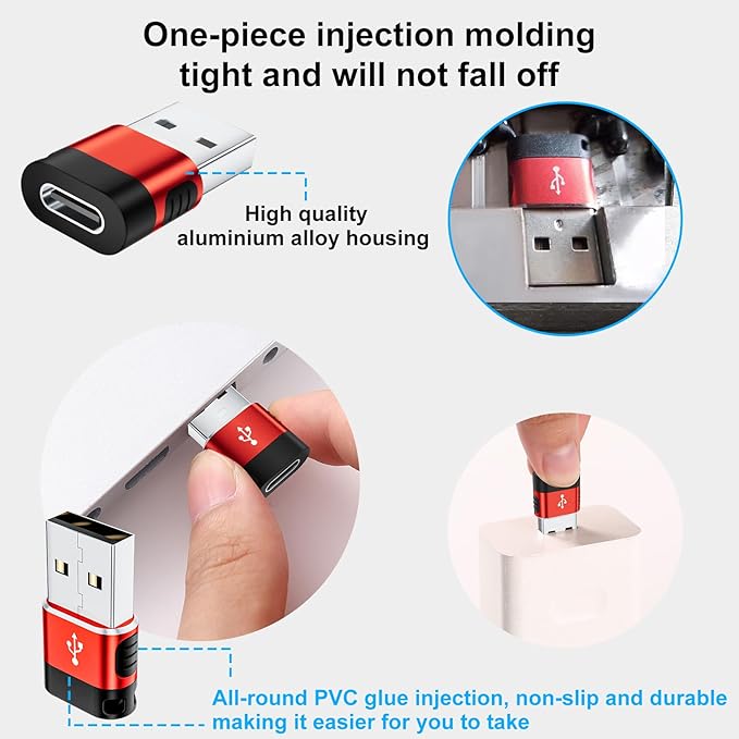 USB to USB C Adapter 6 Pack,USB A to USB C Adapter,USBC Female to USBA Male,Type C Cable Converter for iPhone,MacBook,iPad,AirPods,Charger,Red