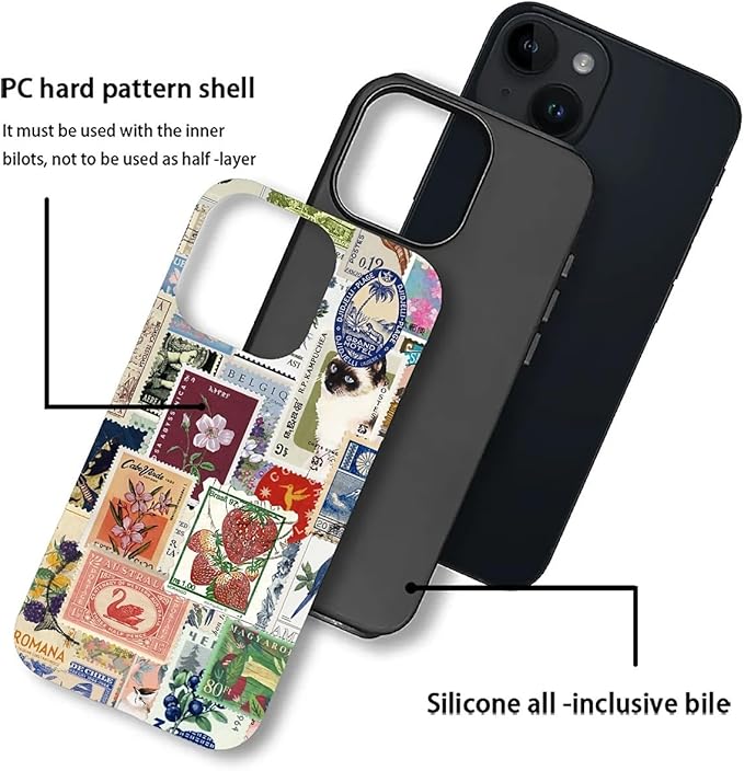 Case for iPhone 14 Plus,Vintage Stamp Collage for Woman Men Full Body Protective Cover Shockproof 2 in 1 Silicone + Hard PC Case for iPhone 14 Plus