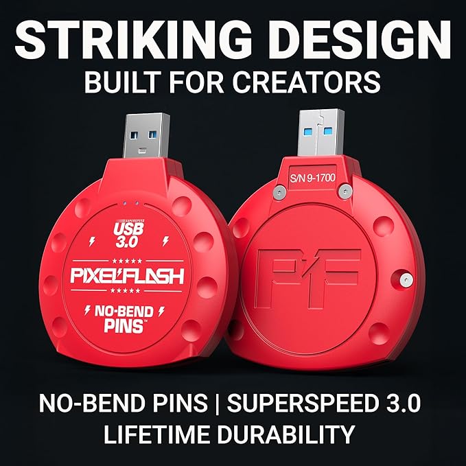 PixelFlash CF Card Reader USB C (Red) - Compact Flash Memory Card Reader with Cabled Type-C USB 3.1, 5GB/s File Transfer, No-Bend Pins Technology, Supports UDMA-7, Anti-Slip & Anti-Scratch Exterior