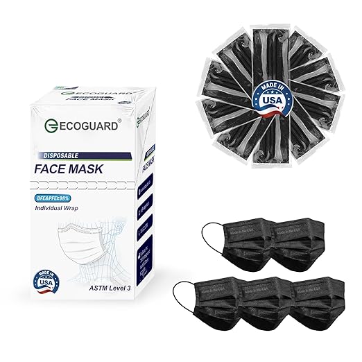 Disposable Face Masks Made in USA, 4 Ply for Families, Students, Breathable All-Day Wear & Safety, ASTM Level 3 Medical Grade, 50 Pack Individual Wrap, Black