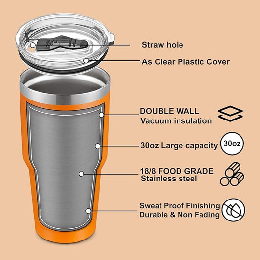 COMOOO 30oz Tumbler Stainless Steel Insulated Tumbler with Lid Double Wall Vacuum Coffee Cup Large Travel Mug for Hot and Cold Drinks, Home, Office, School,Party (Orange, 4 Pack)