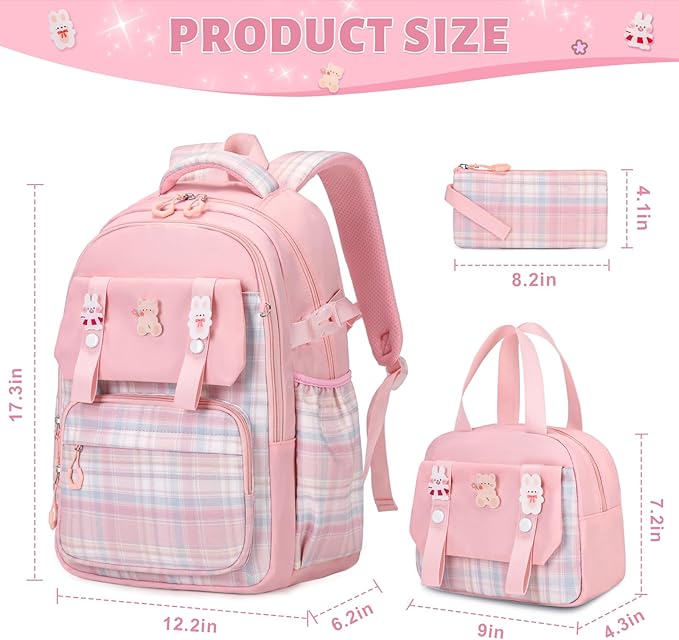 Backpack for Girls, Kids Girls Backpacks Set with Lunch Bag Pencil Case, Cute Bookbag Waterproof Backpack for Elementary Middle School, Pink