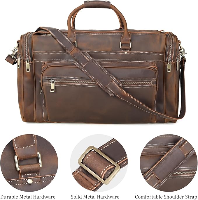 Polare 24" Retro Full Grain Leather Duffel Weekender Travel Overnight Luggage Bag With YKK Metal Zippers