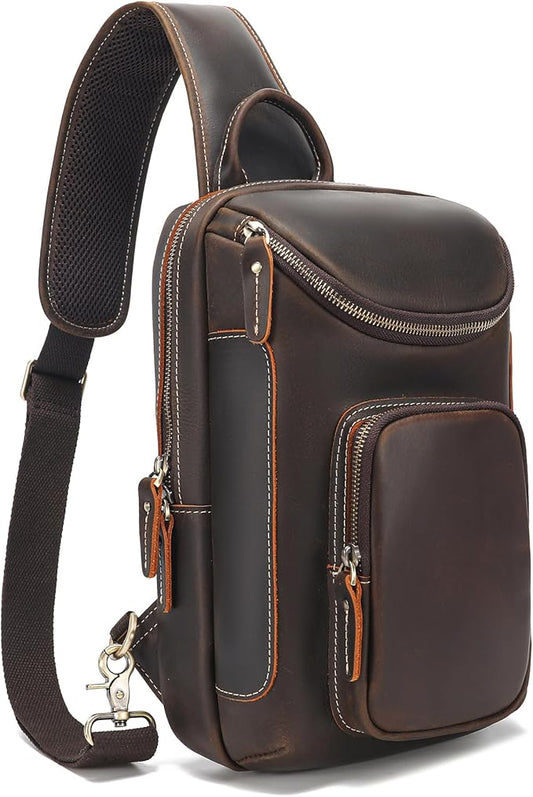 LANNSYNE Full Grain Leather Sling Bag For Men, Crossbody Chest Daypack Fits 10.5" iPad, Men’s Crossbody Bag