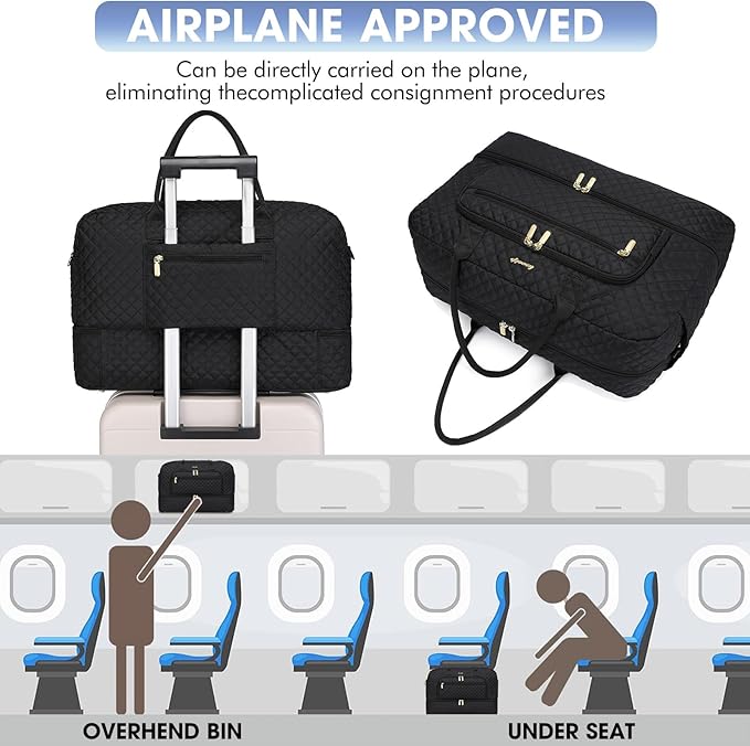 LUOCIP Large Women Travel Duffle Bag, Carry on Bag with Wet Toiletry Pocket for Overnight, Weekend, Yoga, Gym, Business Trips, Sport and Hospital, Black