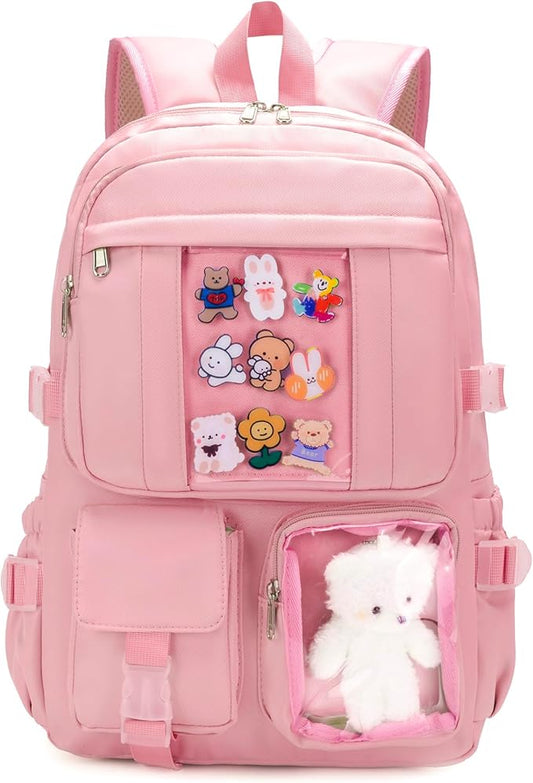 Kawaii Backpack for Teen Girls, Cute Aesthetic High Middle School College Bookbag with Accessories, Pink