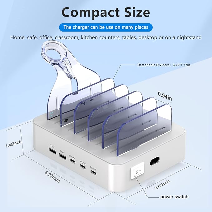 MSTJRY USB C Charging Station for Multiple Devices: 90W 5 Ports Multi Fast Charger for iPhone iPad Tablets Phone Airpods - Charging Dock Organizer with Adjustable Dividers for Home Office Classroom