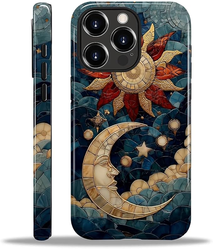 Case for iPhone 12 Pro Max Case,Sun Moon Stars Faux Stained Glass Design Hybrid Dual Protection Silicone + Hard PC Shockproof Full Body Cover,Slim Anti-Scratch Protective for Men Women