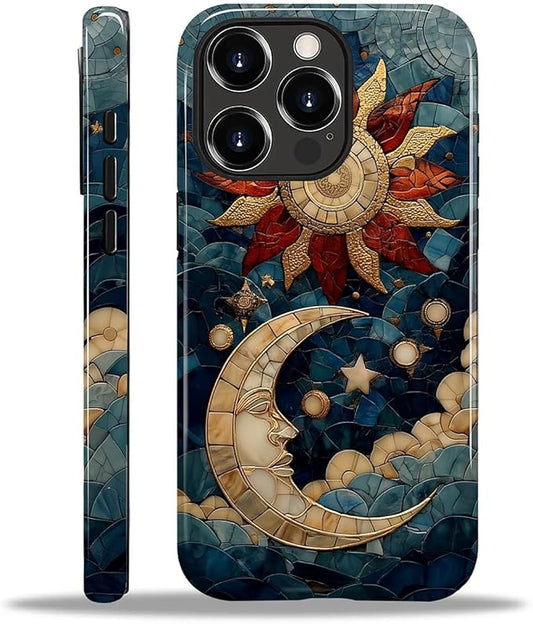 Case for iPhone 12 Pro Max Case,Sun Moon Stars Faux Stained Glass Design Hybrid Dual Protection Silicone + Hard PC Shockproof Full Body Cover,Slim Anti-Scratch Protective for Men Women