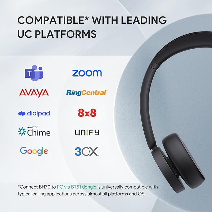 Yealink BH70 with Stand Wireless Bluetooth Headset with Microphone for Work, up to 35h Talking Battery Life, 3 Noise Cancellation Mics, Teams Certified, ≤90min Fast Charging, NO Power Adapter Needed
