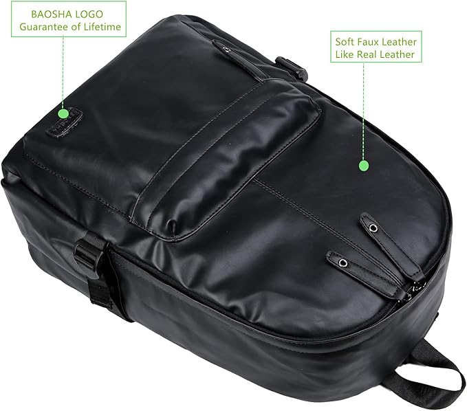 Baosha BP-08 Unisex PU Leather Computer Laptop Bag 15.6 inch Backpack Shoulder Bags Travel Hiking Rucksack Casual Daypack Black