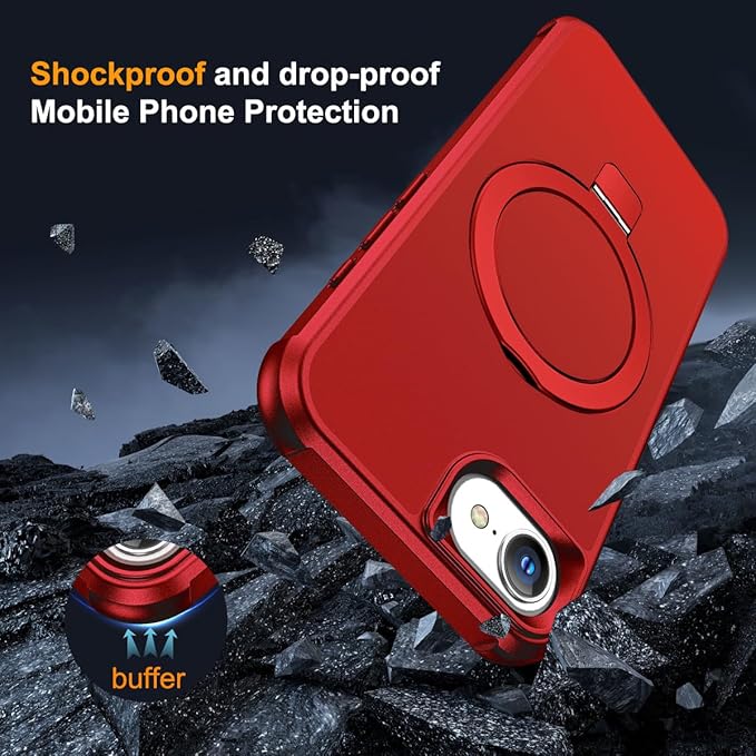 Compatible with iPhone 16E Case with Invisible Magnetic O-Ring Stand Military-Grade Case for iPhone 16E 6.1" 2025 [Compatible with Mag-Safe][Great Grip Feeling], Red