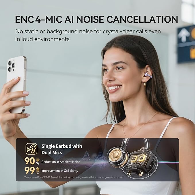 1MORE S20 Open Ear Headphones, Lightweight Comfort Clip-On Wireless Earbuds, 30H Playtime Bluetooth 5.4 Headphones with 4 ENC Microphones, IPX5 Water Resistance, Secure Fit for Sports Workout, Purple