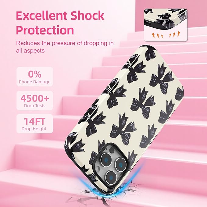 QLTYPRI Case for iPhone 16 Pro Max, Aesthetic Black Ribbon Bow Phone Case for Girls Women, Protective Hybrid 2-Layer Hard Shell Silicone Cover Durable Shockproof Phone Cover - Beige