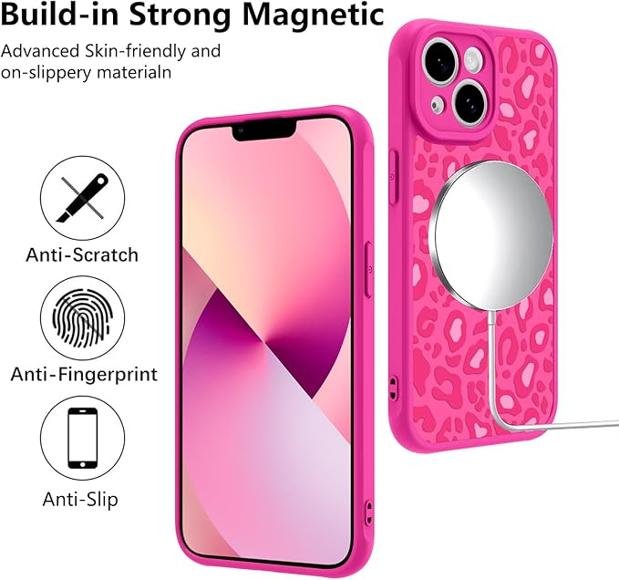 KANGHAR Case for iPhone 13 Hot Pink Leopard Printed Pattern Cute Cheetah [Compatible with Magsafe] Protective Magnetic Case for Girls Women 6.1"