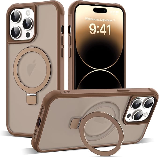 Compatible with iPhone 14 Pro Case with Invisible Magnetic O-Ring Stand Military-Grade Translucent Case for iPhone 14 Pro 6.1" [Compatible with Mag-Safe][Great Grip Feeling],Desert Brown