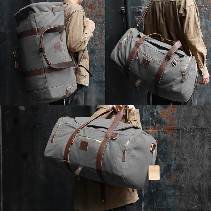 60L Travel Bags for Men, Nomad Canvas Duffle Bag Vintage Genuine Leather Travel Duffel Bag Multifunctional Weekender Overnight Backpack with Shoes Compartment (Grey, X Large-60L)