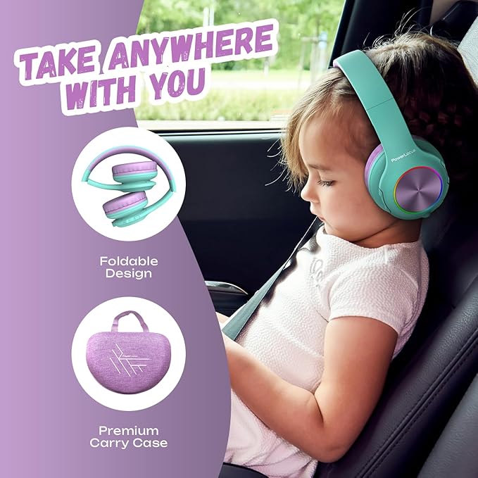 PowerLocus PLED Kids Bluetooth Headphones, Kids Wireless Headphones with LED Lights, 74/85/94dB Safe Volume, Micro SD, AUX Cable, Hi-Fi Stereo, Built-in Mic Over Ear Kid Headphone for Travel/Tablet/PC