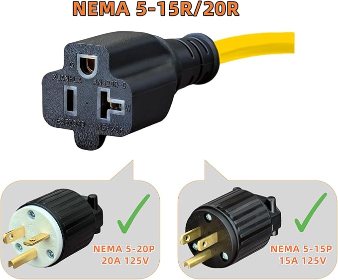 6-Feet 15 Amp Household AC Plug to 20 Amp T Blade Adapter Cable，14AWG 6-Foot 15 Amp to 20 Amp Plug Adapter Cord Nema 5-15P to 5-15R/5-20R 20Amp Comb AC Power Cord, Yellow