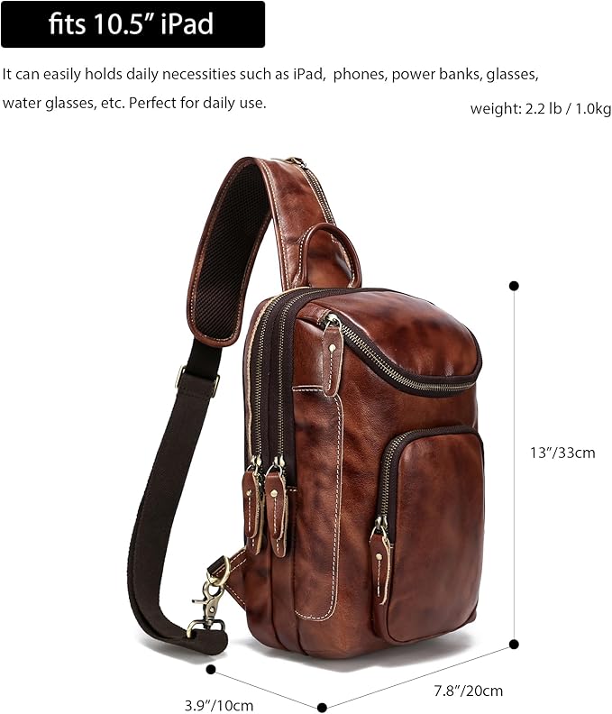 LANNSYNE Vintage Full Grain Leather Sling Bag Crossbody Chest Daypack
