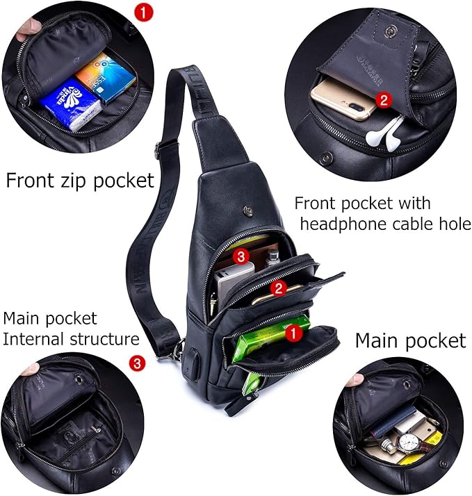 BULLCAPTAIN Genuine Leather Mens Sling Bag Multipurpose Travel Crossbody Chest Bag Daypacks with USB Charging Port (Black)