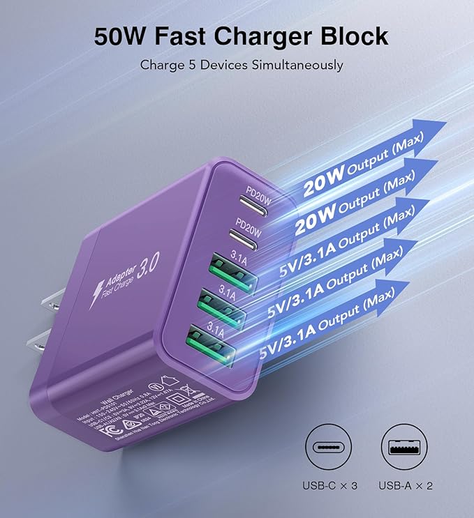 [2-Pack] USB C Wall Charger, 50W Fast USB C Charger Block, 5-Port PD Power Adapter + QC Wall Plug Multiport Type C Charging Block Cube Compatible with iPhone 16 15 14 13 12 11 Pro Max XR XS, Purple