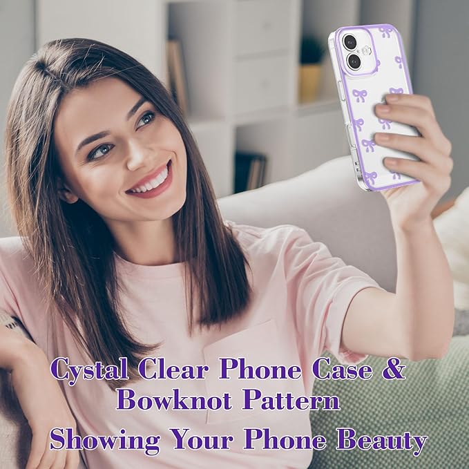 EYZUTAK Case for iPhone 16, Clear Cute Ribbon Bowknot Pattern Aesthetic Transparent Phone Case Raised Camera Protection Stylish Slim Soft Durable TPU Protective Cover for Women Girls - Purple