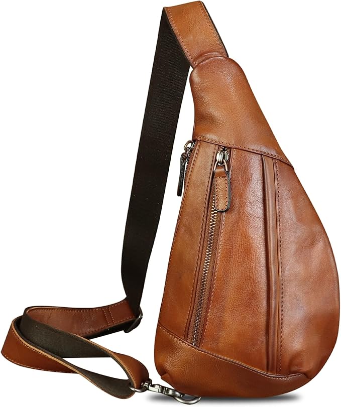 LRTO Genuine Leather Sling Bag for Men and Women Vintage Real Leather Crossbody Chest Bags Backpack Purse for Travel Hiking