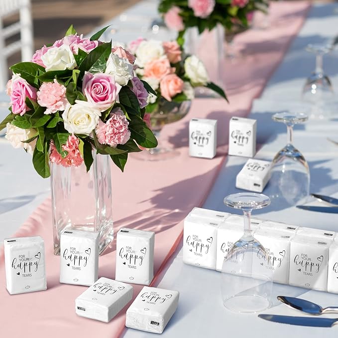 Spiareal 50 Pcs Happy Tears Tissues for Wedding Bulk 3 Ply for Your Happy Tears Wedding Tissues for Guests Pocket Paper Mini Travel Size for Party Favor Graduation