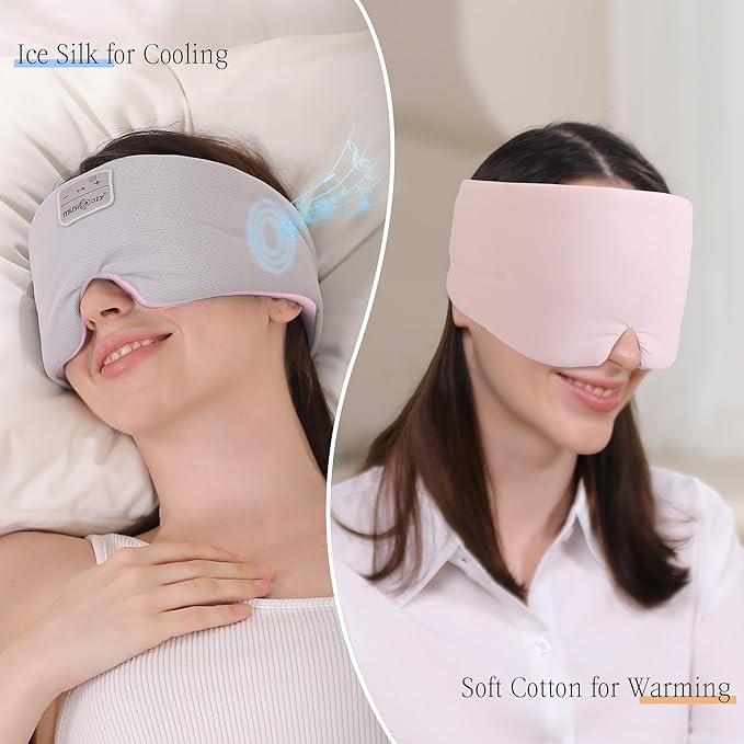 MUSICOZY Ice Silk Sleep Headphones with Bluetooth Mask, Eye Mask for Sleeping in Total Darkness, 5.4 Bluetooth Sleep Mask Sleep Headphones, Soft, Gifts for Men Women (Pink)