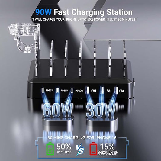 Catlyn Charging Station for Multiple Devices, 6-Port 90W Fast Charger Stations with 8 Mixed Charger Cables Organizer Dock,Compatible for Cell Phone