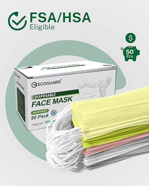 Disposable Face Masks Made in USA, 4 Ply for Families, Students, Breathable All-Day Wear & Safety, FSA HSA Eligible, ASTM Level 3 Medical Grade, 50 Pack, Sunny Mist