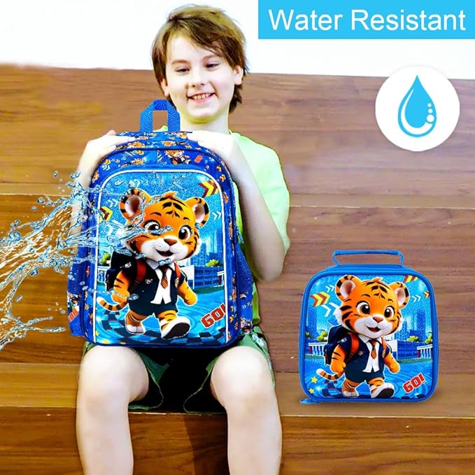 CCJPX 16" Kids Backpack for Boys, 3PCS Tiger Water Resistant Preschool Bookbags, Cool Kindergarten School Backpacks and Lunch Box