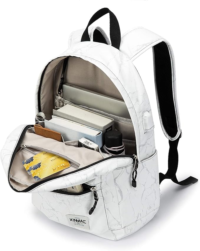 Kinmac Water Resistant Laptop Travel Outdoor Backpack with USB Charging Port for 13 inch 14 inch and 15.6 inch Laptop (White Marble)
