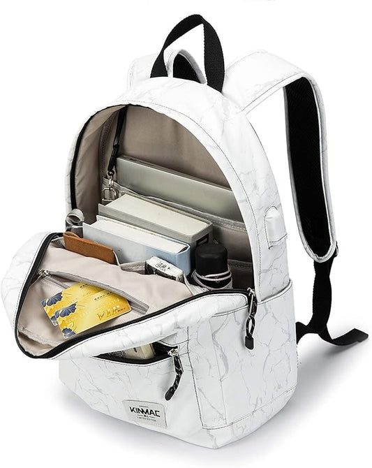 Kinmac Water Resistant Laptop Travel Outdoor Backpack with USB Charging Port for 13 inch 14 inch and 15.6 inch Laptop (White Marble)