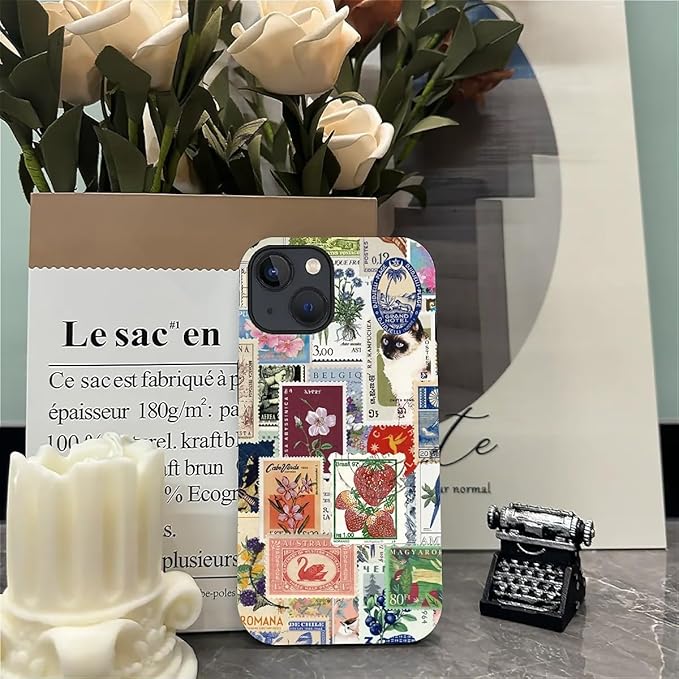 Case for iPhone 15,Vintage Stamp Collage for Woman Men Full Body Protective Cover Shockproof 2 in 1 Silicone + Hard PC Case for iPhone 15