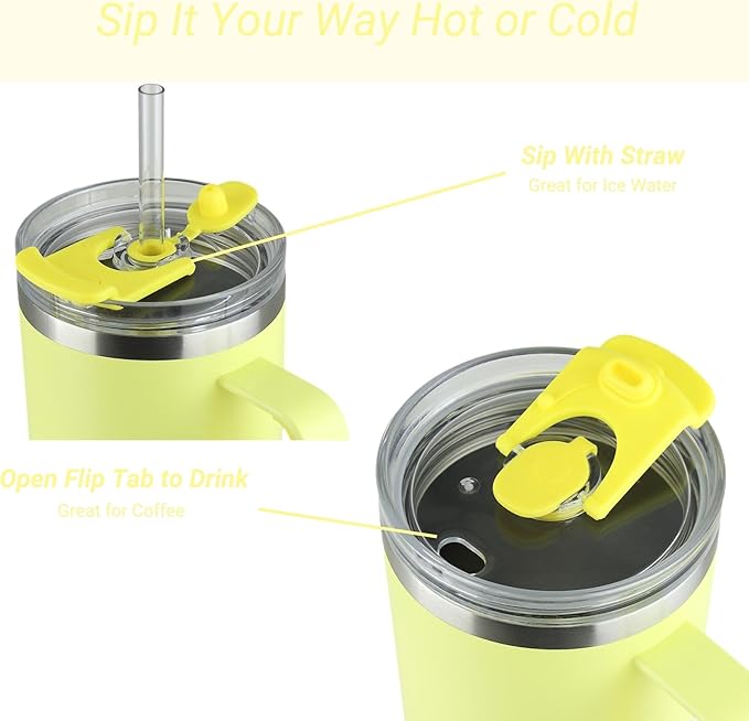 Drinco 40oz 30 oz Tumbler with Handle, Straw Lid, Insulated Stainless Steel Travel Mug Water Bottle Ice Coffee Cup For Cold and Hot, BigSur (40oz, Lemon)