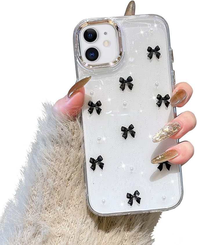 EYZUTAK Case for iPhone 12/iPhone 12 Pro, Bling Glitter 3D Bowknot Phone Case Cute Sparkly Crystal Clear Bow Aesthetic Case Slim Soft Durable TPU Transparent Protective Cover for Women Girls-Black Bow