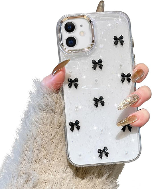 EYZUTAK Case for iPhone 12/iPhone 12 Pro, Bling Glitter 3D Bowknot Phone Case Cute Sparkly Crystal Clear Bow Aesthetic Case Slim Soft Durable TPU Transparent Protective Cover for Women Girls-Black Bow