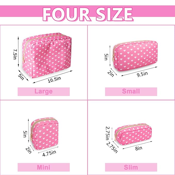 Small Pencil Case Makeup Bag for Purse, Cute Pencil Pouch Preppy Nylon Makeup Brush Bag with Zipper , Girls Portable Stationery Storage Case Small Pen Bag for Office School College(Slim-Pink Heart)
