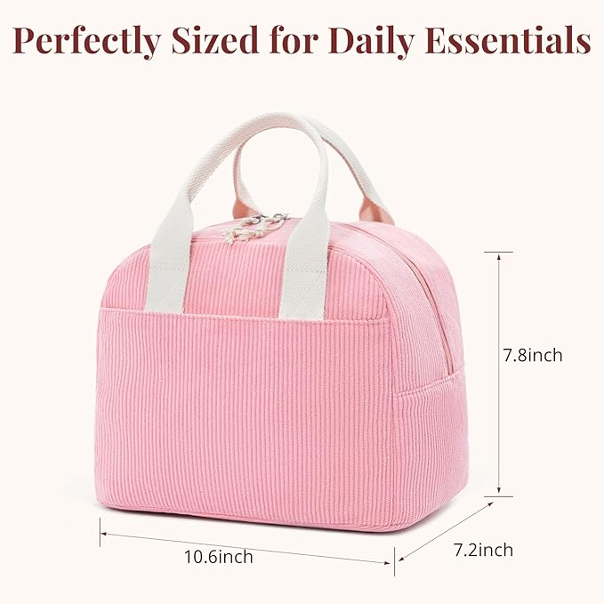 Insulated Sugar Pink Lunch Bag for Women, Stylish Corduroy Tote with Aluminum Lining, Large Capacity Reusable Cooler for Work, Travel, or Beach, Beige Cream Water-Resistant Lunch Box