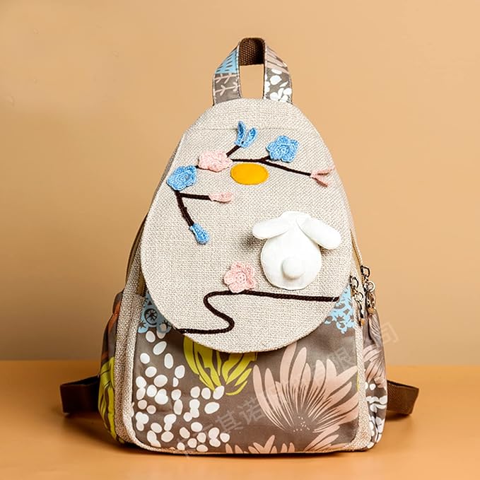 HUANGGUOSHU Women Cotton Woven Bohemian Hemp Boho Canvas Embroidery Multi Pocket Retro Cute Backpack Wallet Backpack White rabbit