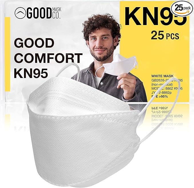 Good Mask Co. Good Comfort KN95, Disposable KN95, Folding, Comfortable, Bulk Face Masks (25 Pack of Masks, White)