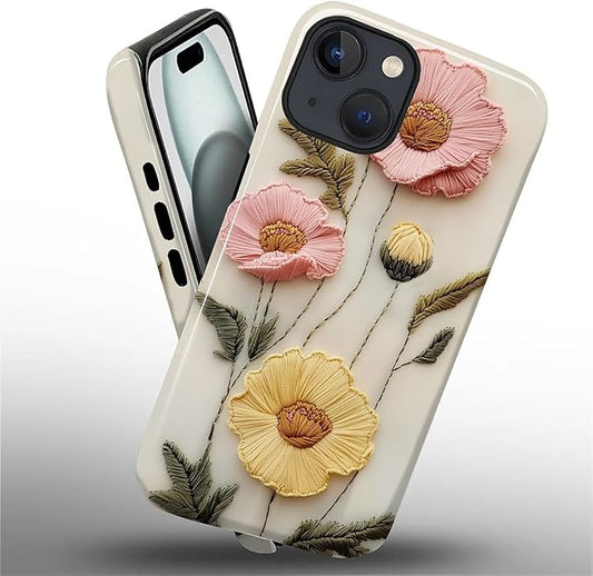 Case for iPhone 15 Plus Case,Faux Embroidery Boho Floral Design - Hybrid Dual Protection Silicone + Hard PC Shockproof Full Body Cover Slim Anti-Scratch Protective Case for Men Women